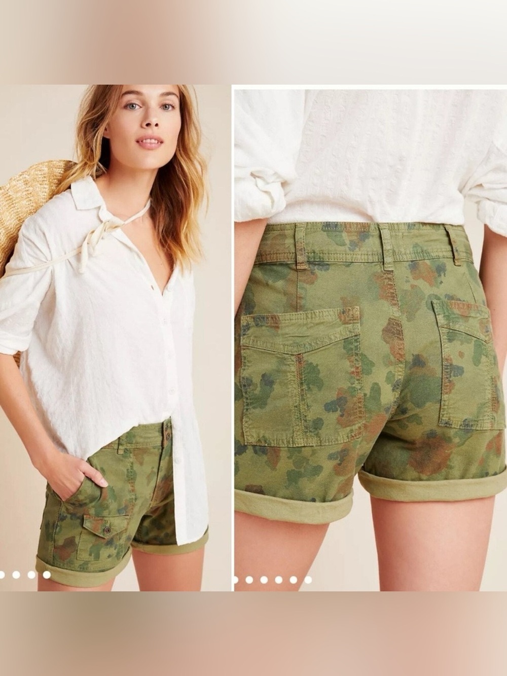 Anthropologie Wanderer Utility High Waisted Cotton Green Camo Printed Shorts 25